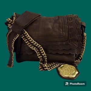 VTG VINCE CAMUTO 1980s Brown Scalloped Leather Bow Chain Coquette Shoulder Bag